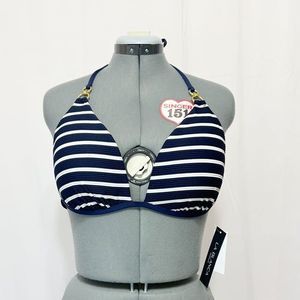 La Blanca NWT Sz 12 Indigo/Capri Stripe Rouched Halter Bikini Swimsuit Top